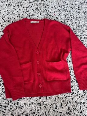 Propaganda Red Button-Front V-Neck Pocket Cardigan